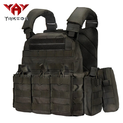 Combat camouflage tactical vest with adjustable waist showing 600D polyester construction and multiple pattern options