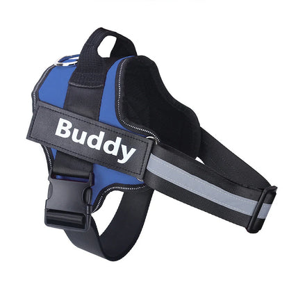 Personalised dog harness with reflective straps and adjustable chest fitting showing no-pull design