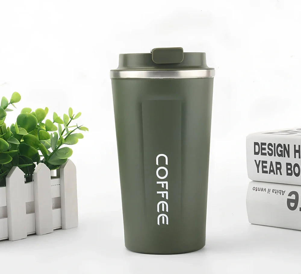 Stainless steel thermal vacuum coffee mug with double-layer insulation and spill-proof lid in multiple colour options