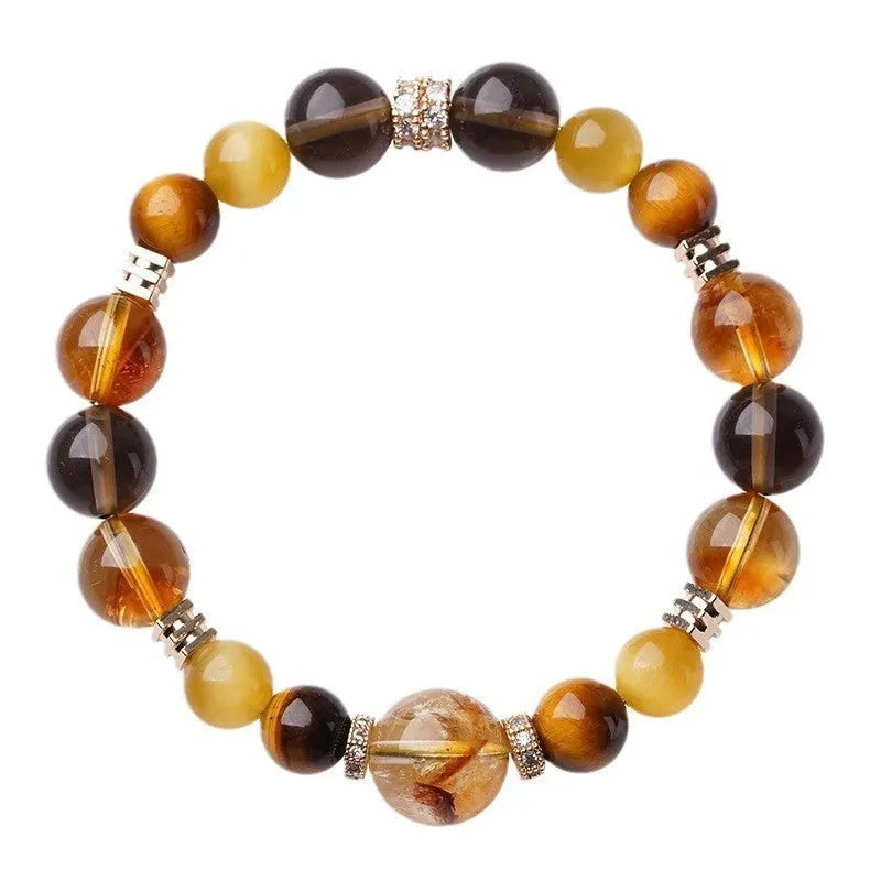 Natural tiger-eye crystal bracelet with yellow tower pattern in geometric design