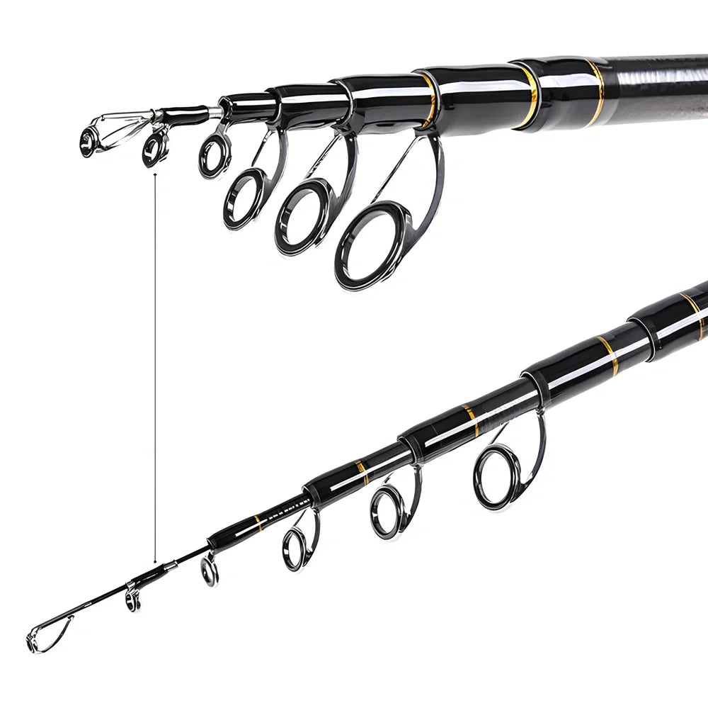 Carbon telescopic sea fishing rod extended and collapsed showing four length options