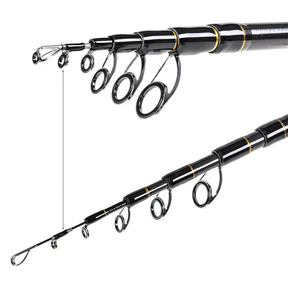 Carbon telescopic sea fishing rod extended and collapsed showing four length options