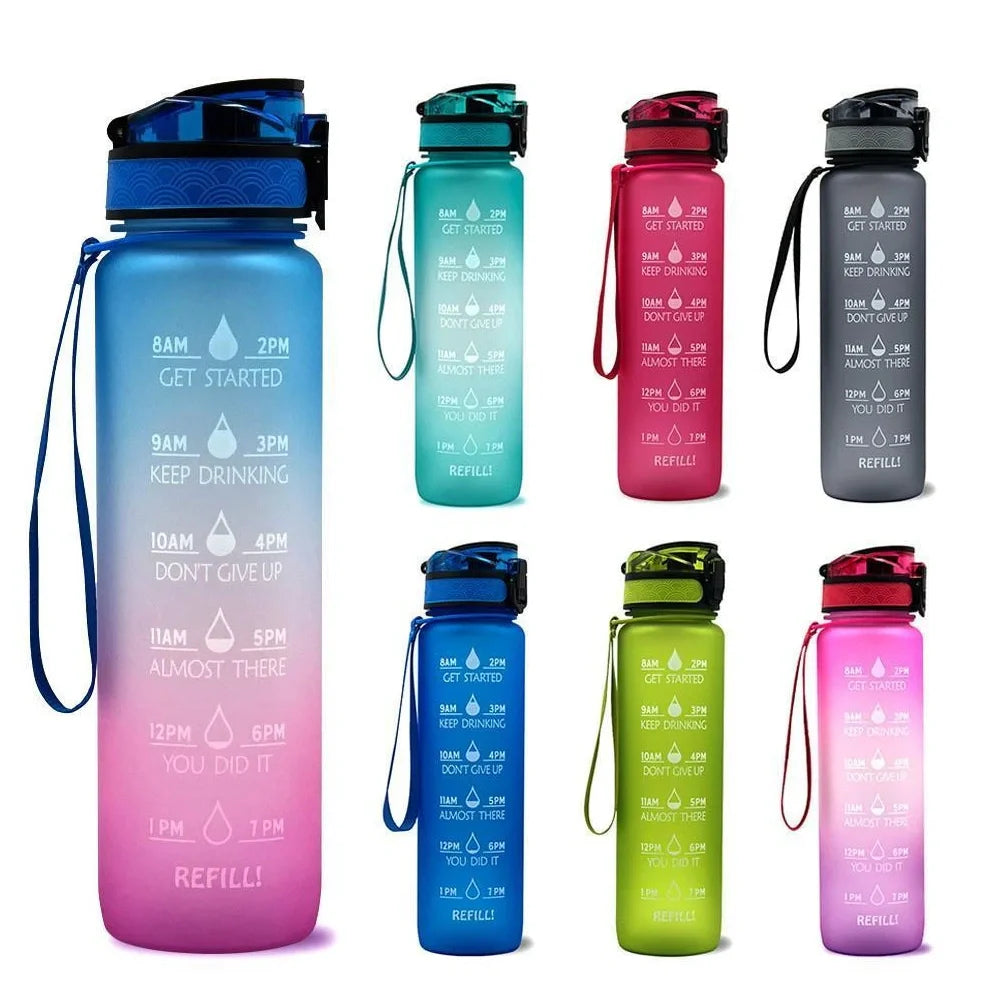 Tritan sports water bottle with frosted gradient finish and flip-top lid showing blue-red colour transition