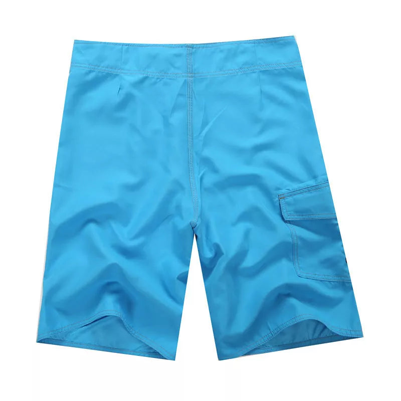 Men's striped beach shorts in white, blue, and black, sizes 30-38