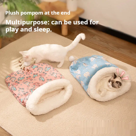 Cat sleeping bag nest measuring 50x40cm with flannel lining in blue rabbit pattern