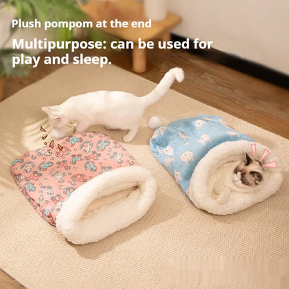 Blue rabbit pattern cat sleeping bag nest measuring 50cm by 40cm with enclosed design