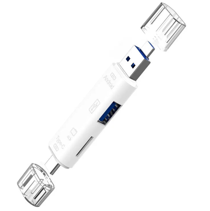 Black Type-C Micro USB OTG adapter with USB-A port and TF card slot on a white background.
