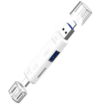 Black Type-C Micro USB OTG adapter with USB-A port and TF card slot on a white background.