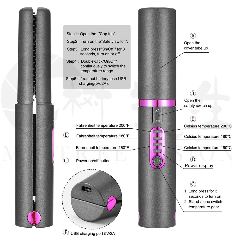 USB charge mini wireless travel hair straightener with ceramic plates in green, grey, or pink colours