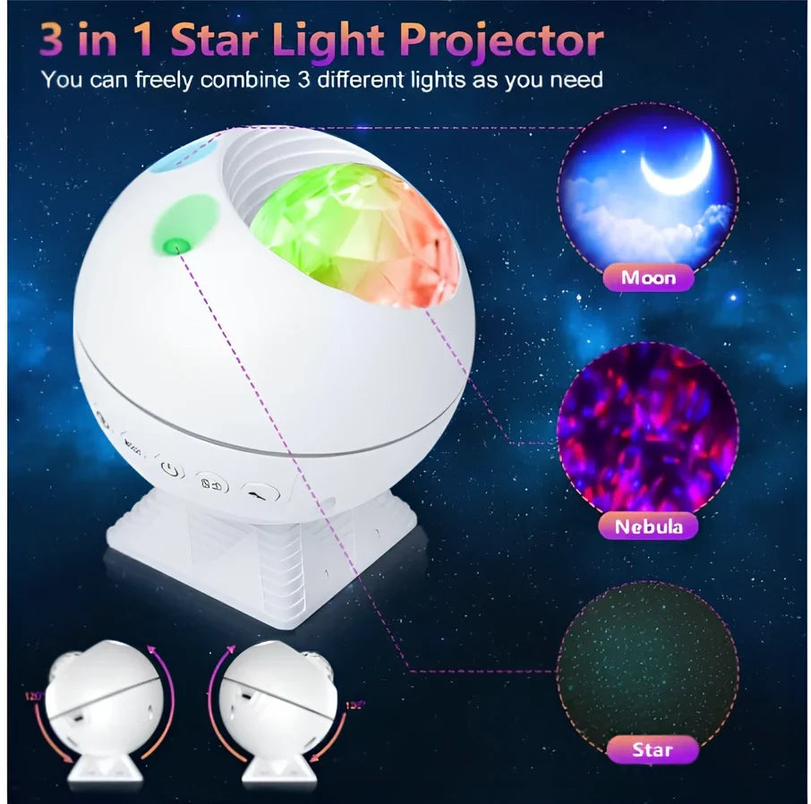 White spherical voice control LED star projection lamp with 9cm diameter and USB cable