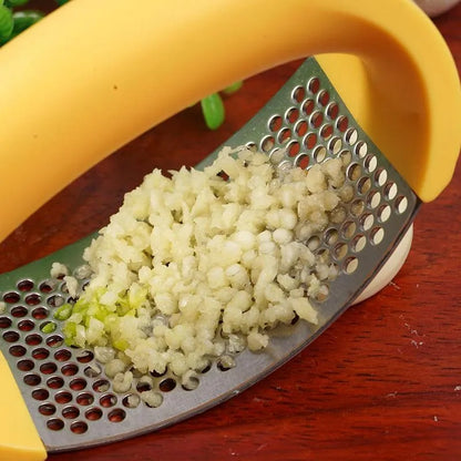 Stainless steel garlic press with ergonomic handle in kitchen setting