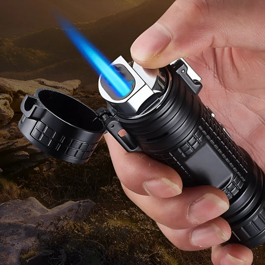 TH727 metal waterproof flashlight lighter in camouflage colour showing plasma arc and torch beam