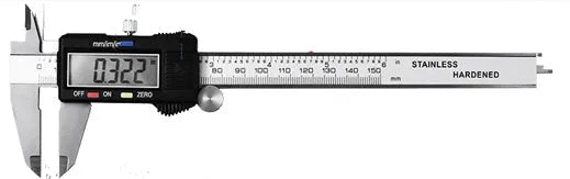 Silver stainless steel digital vernier caliper 0-150mm with large LCD, IP54 waterproof and oil proof, metric and imperial conversion.