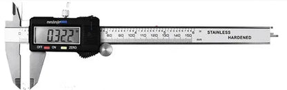 Silver stainless steel digital vernier caliper 0-150mm with large LCD, IP54 waterproof and oil proof, metric and imperial conversion.