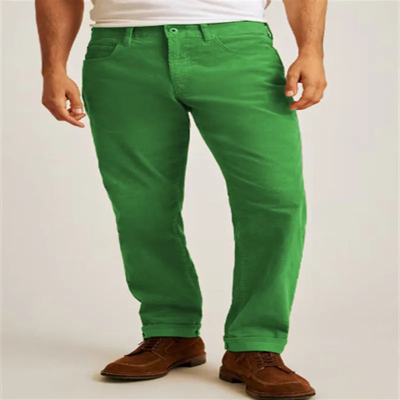 Corduroy straight trousers in green, army green, white, or khaki with a loose casual fit and zip placket