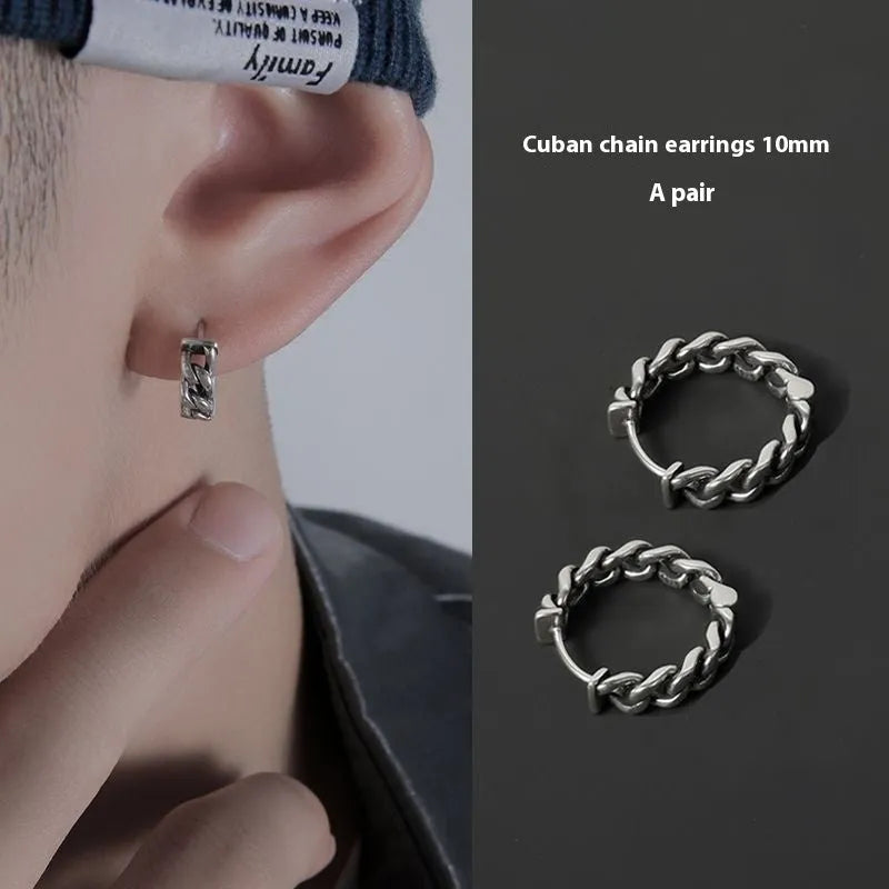 Geometric silver-coloured men's copper earrings in 10mm and 14mm sizes for hip hop style.