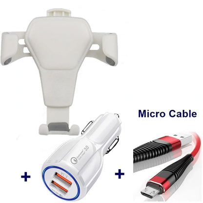 Leather grain gravity mobile phone car holder in black and white, compatible with most smartphones