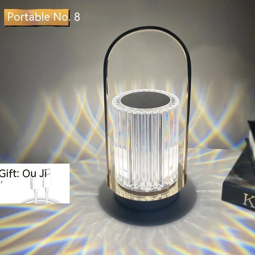Metal portable ambience light with lantern shape measuring 11×23cm, showing touch controls and 27 colour options
