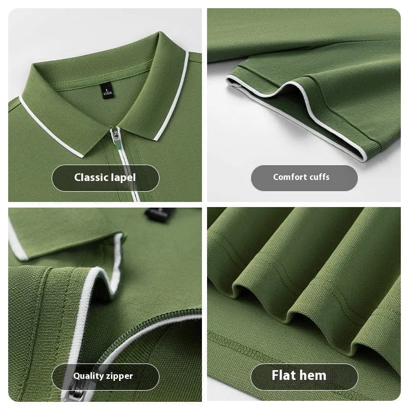 Men's solid colour short sleeve polo shirt with a silver front zipper, shown in beige apricot.