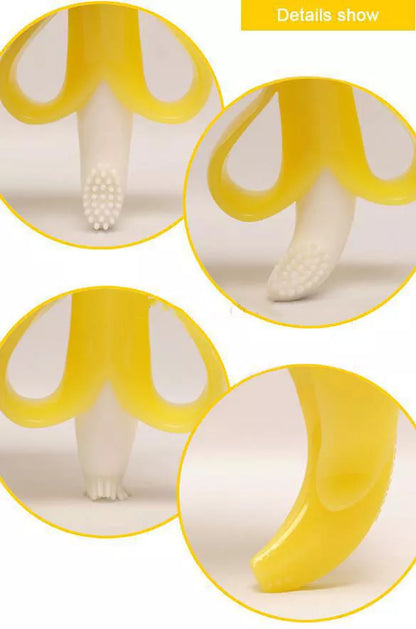 Food grade silicone banana teether toy for babies in yellow, pink, and blue