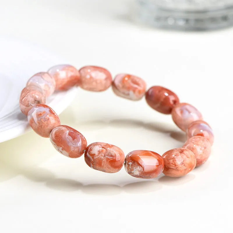 Natural Cherry Agate Barrel Shaped Bead Bracelet: Unisex 10x14mm geometry design with Ruyi elements, crafted from agate through grinding for a distinctive accessory