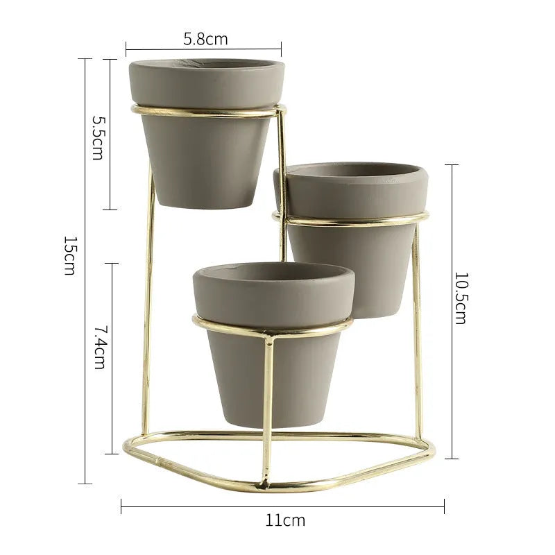 Grey pottery flower pot set with electroplated finish in black grey, black white, gold grey and gold white options