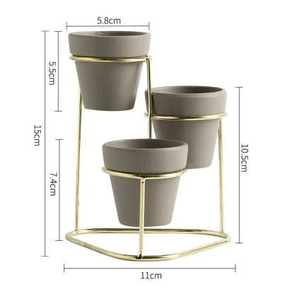 Grey pottery flower pot set with electroplated finish in black grey, black white, gold grey and gold white options