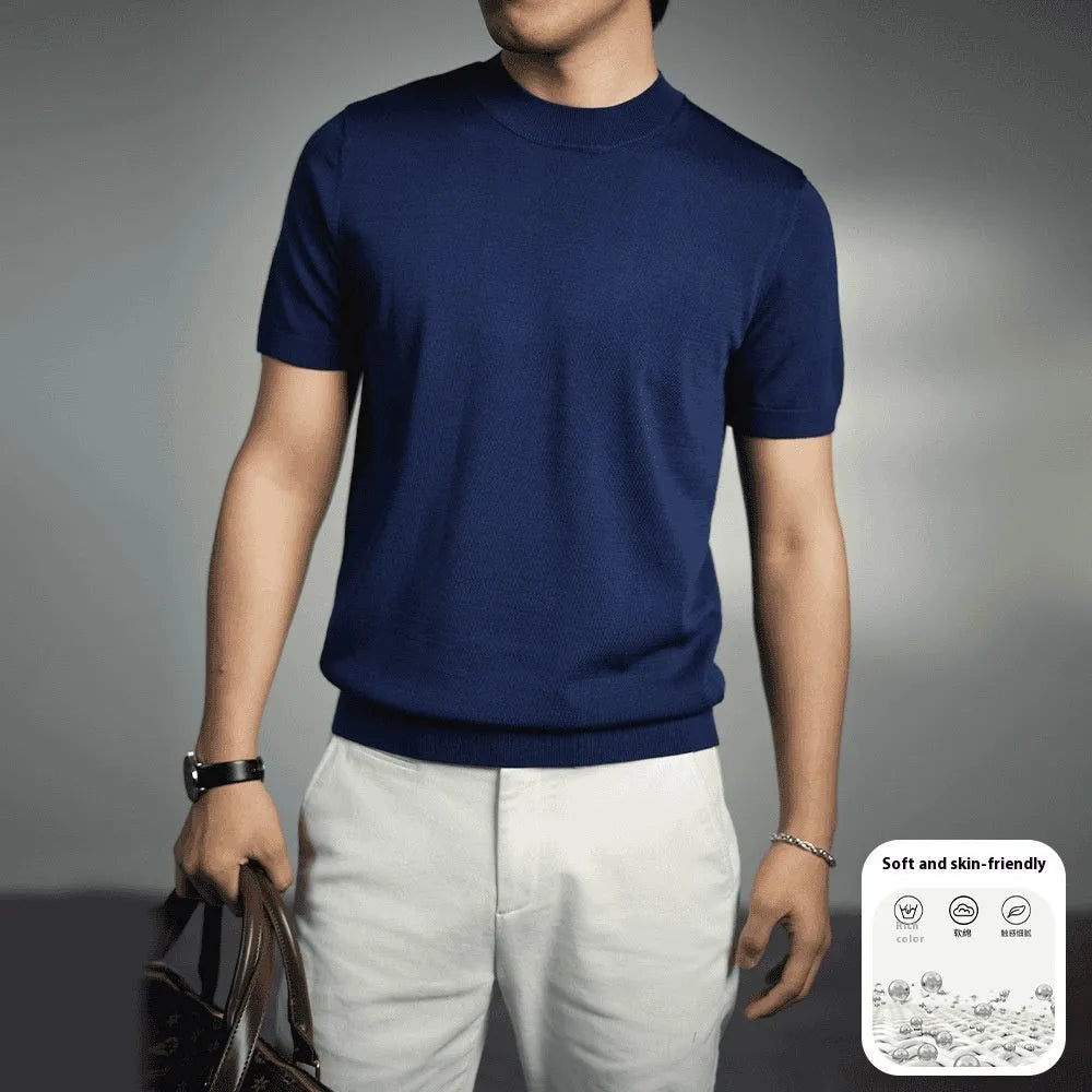 Men's solid colour knitted T-shirt with round neck and short sleeves on a hanger.
