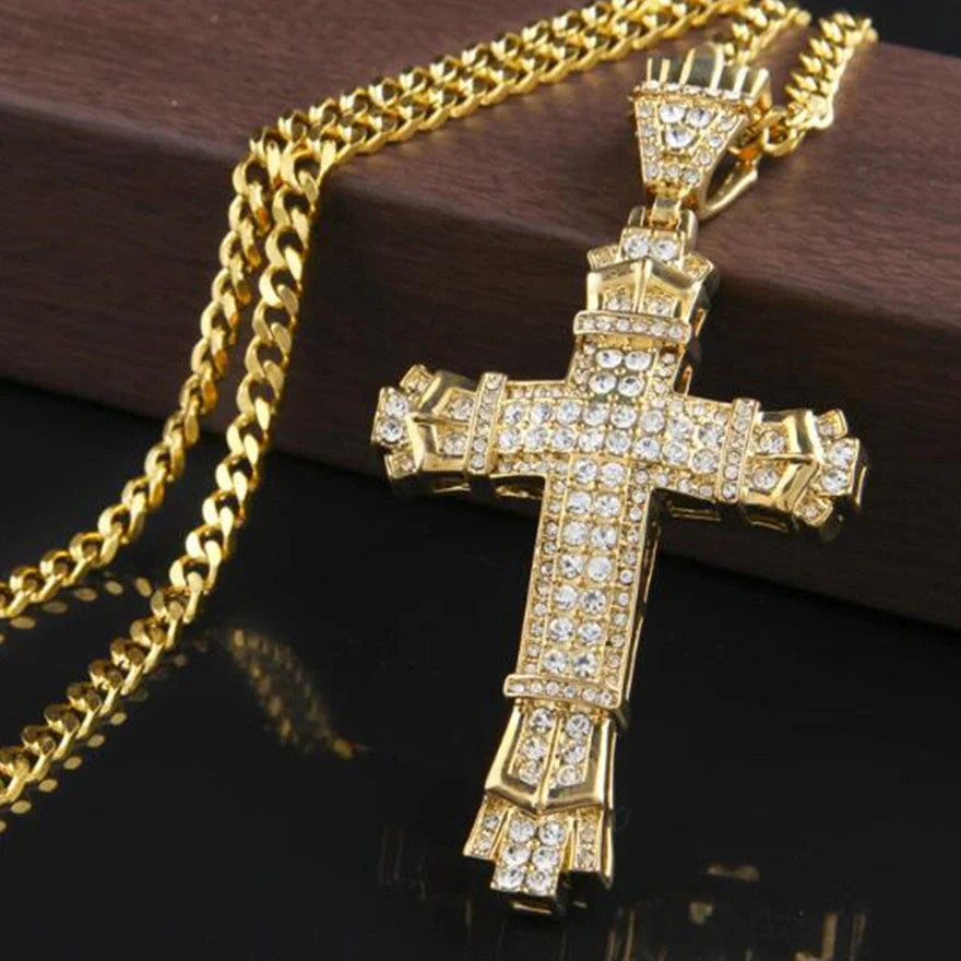 Stylish Iced Out Men's Cross Necklace in silver and gold options