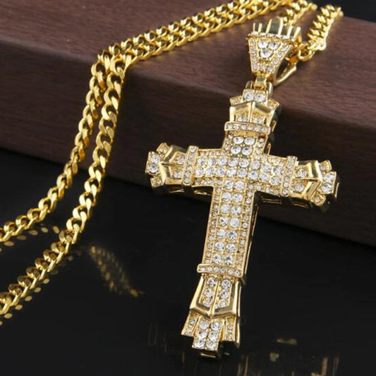 Stylish Iced Out Men's Cross Necklace in silver and gold options