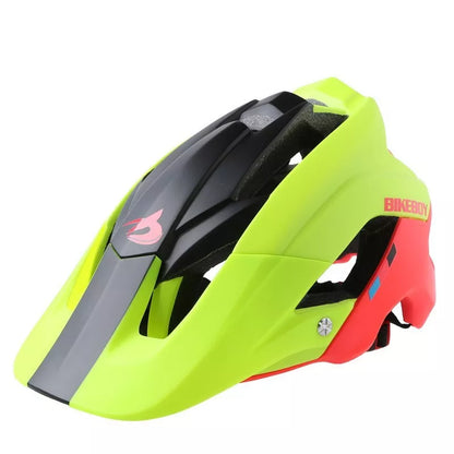 Adult mountain bike helmet in blue yellow, black, and black red yellow options