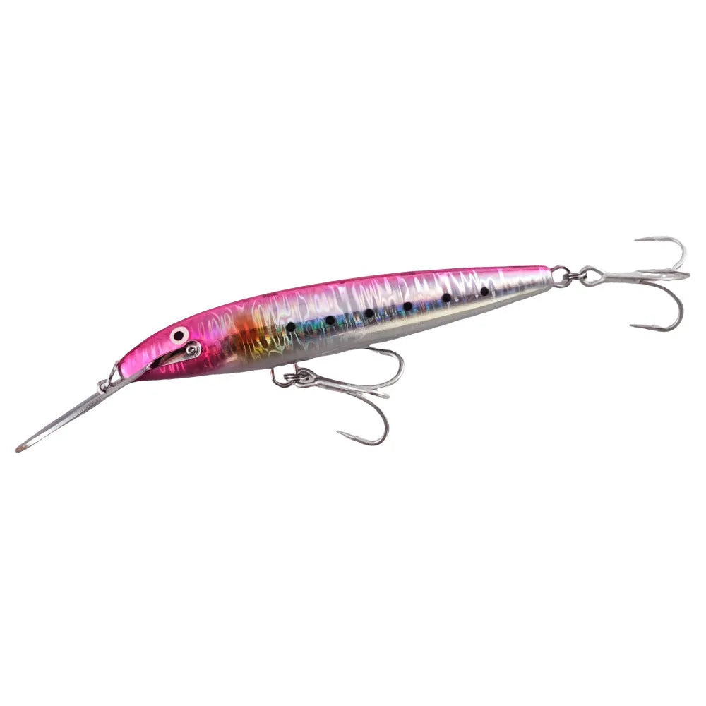 Luminous ABS fishing lure with iron tongue, 17.5cm x 2.2cm x 1cm, shown in one of six colours TZMN01 to TZMN06