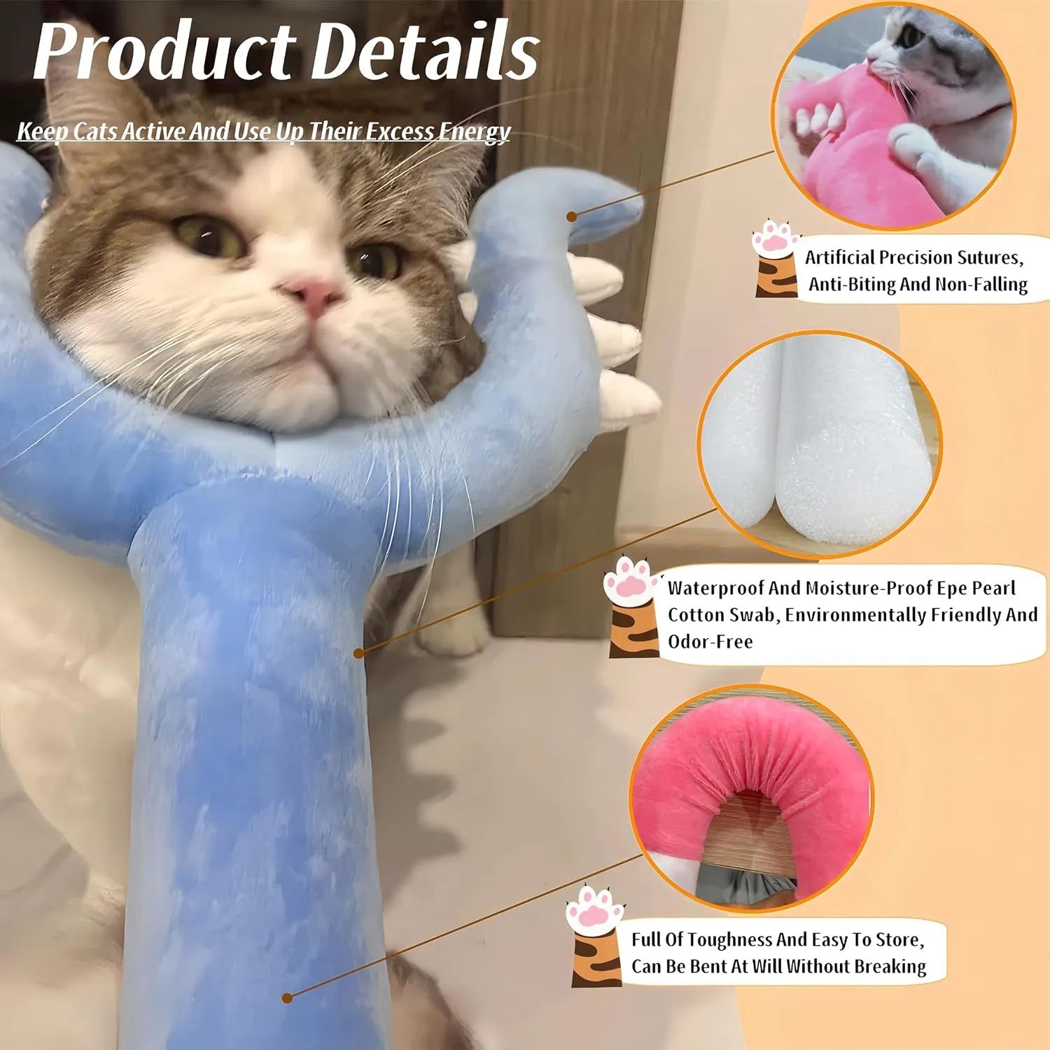 Blue and pink plush cat wand toy with a 70cm length and soft foam-filled head.