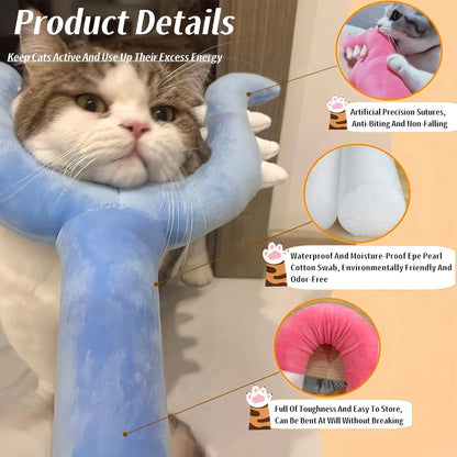 Blue and pink plush cat wand toy with a 70cm length and soft foam-filled head.
