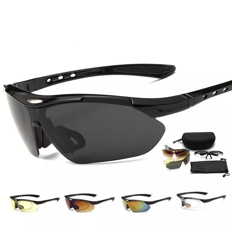 Cycling glasses with polarized lenses in black, red, blue, and white options