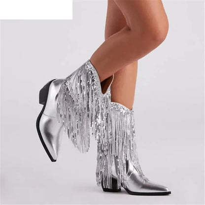 Women's black chunky heel tassel boots with pointed toe and 8cm+ stiletto heel on a neutral background