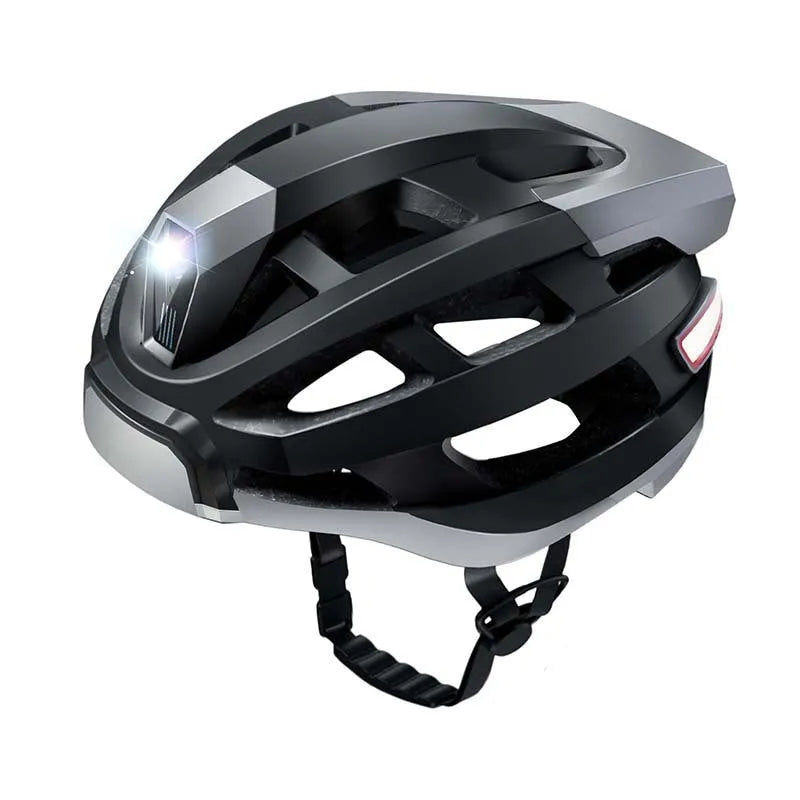 Black and grey smart Bluetooth warning light riding helmet showing integrated light system
