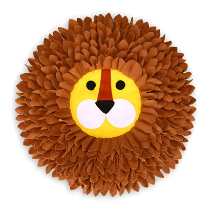 Brown lion-shaped sniffing pad measuring 33x25cm with 10cm depth for hiding pet treats