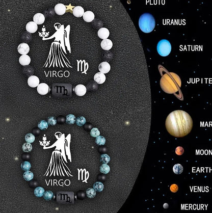 Twelve Zodiac Sign beaded bracelet set with natural stone beads and stainless steel clasp on wrist