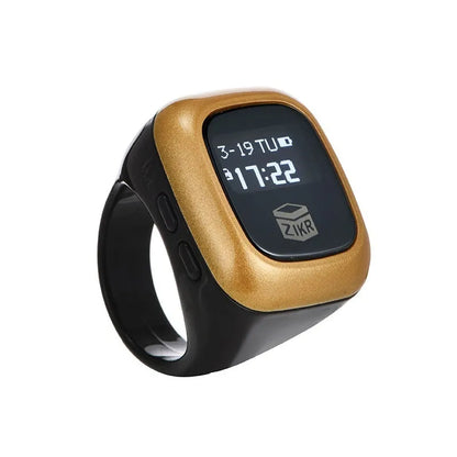 Al-Fatiha black electronic zikr counter on wrist showing digital display, with rose gold and silver colour options visible.