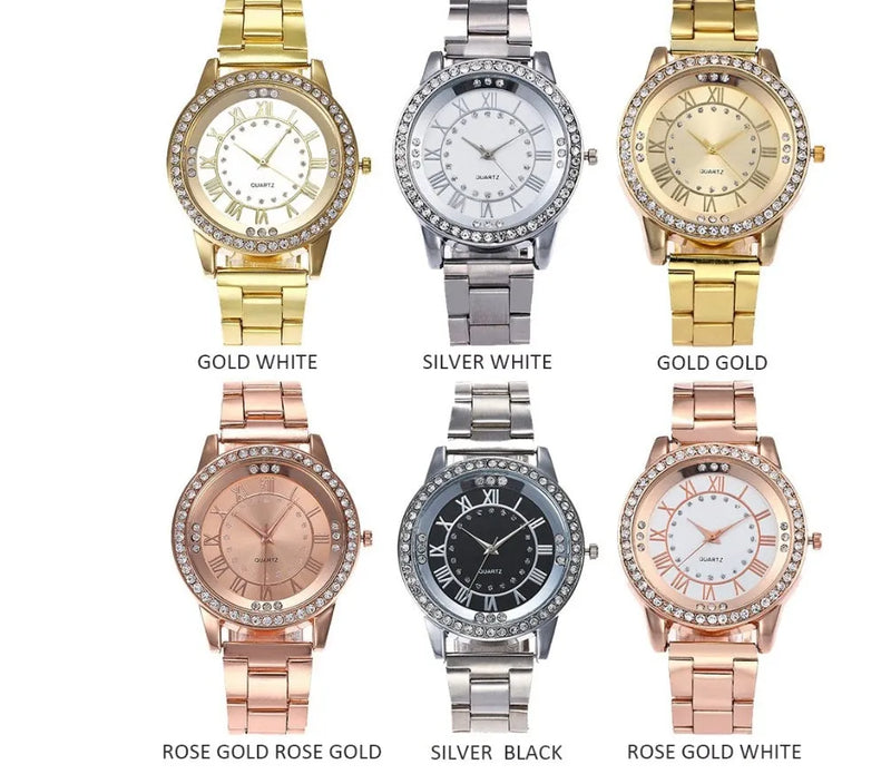 Vansvar Rose Gold Watch for Women, Alloy Strap and 40mm Round Dial, Quartz Dress Wristwatch with Rhinestone Detail, Single Folding Buckle, 8mm Case, White, Black or Gold Face Options