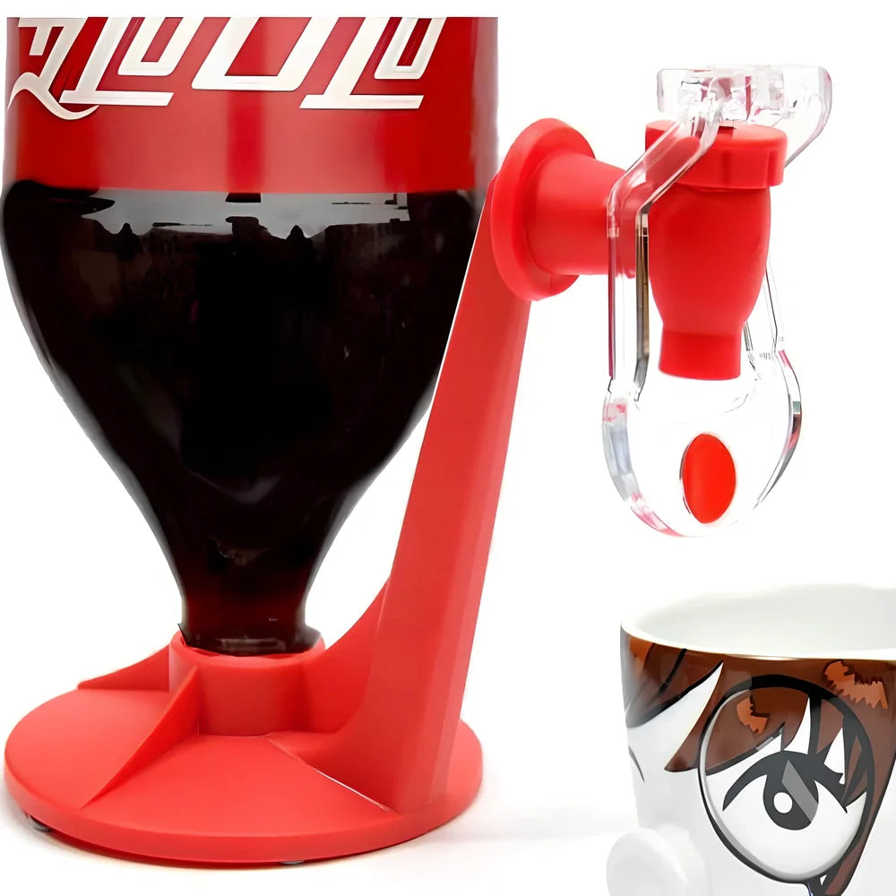 Red automatic beverage dispenser gadget measuring 15cm tall with universal bottle fitting