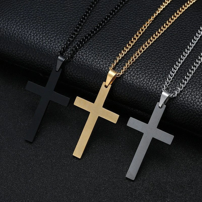 Stainless Steel Cross Pendant Necklace for Men - Available in Black, Silver, and Gold
