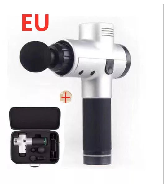 Relax Tissue Deep Muscle Massage Gun with 4 interchangeable heads on a white background