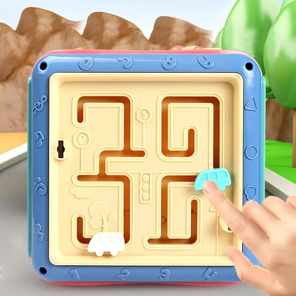 Colourful baby educational hexahedron toy cube with bead maze, gears, car track, clock, butterfly, and number tray.