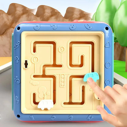 Colourful baby educational hexahedron toy cube with bead maze, gears, car track, clock, butterfly, and number tray.
