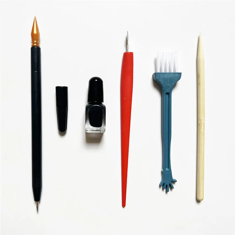 Scratch art repair kit with scraper pen, repair solution, brush, small scraper, and bamboo stick components