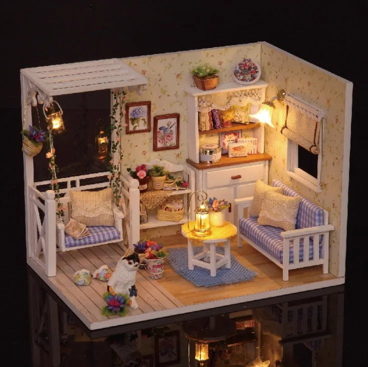 Miniature wooden doll house DIY kit with furniture and accessories, Style A or B