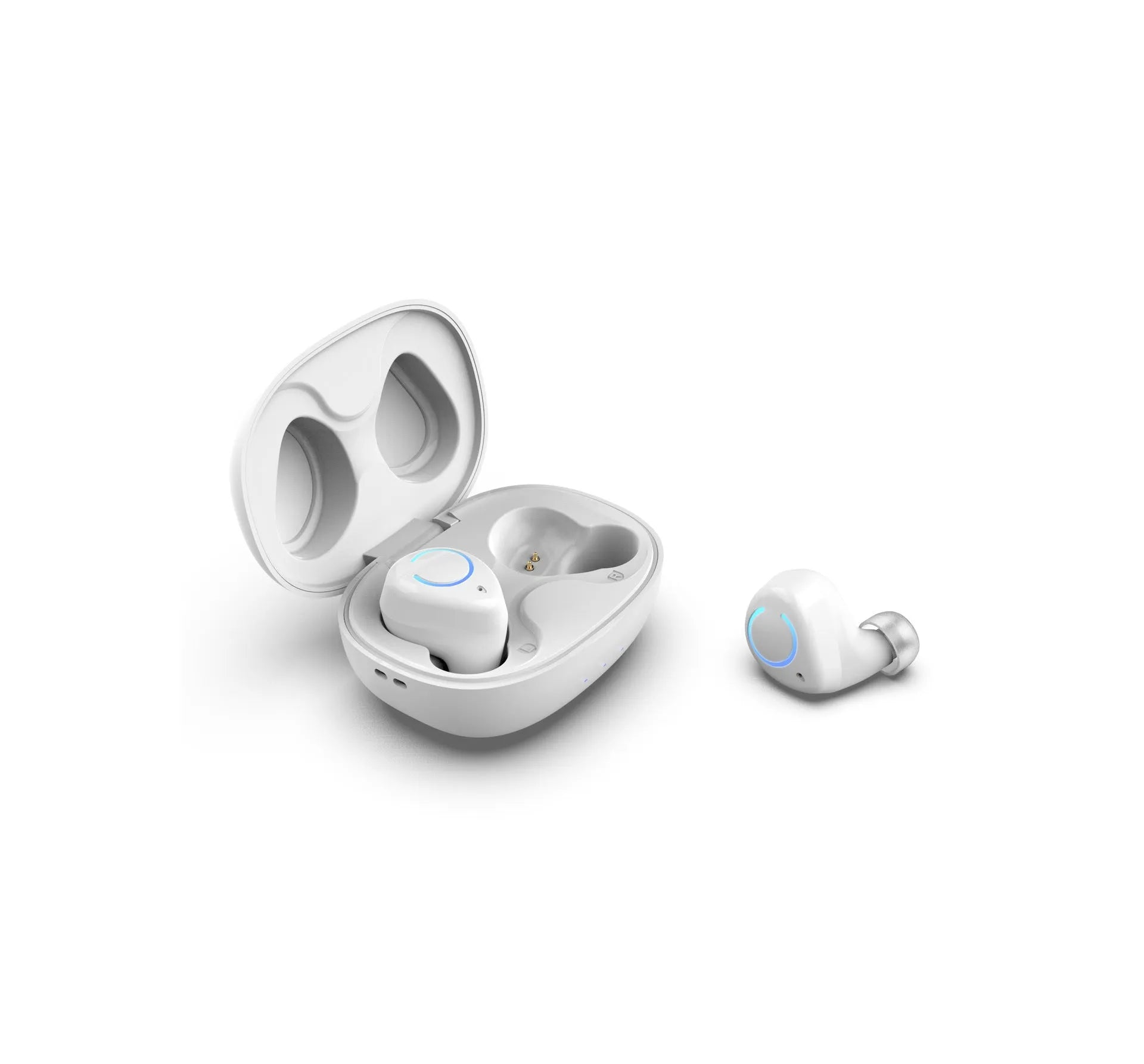 Black and white M18 true wireless in-ear Bluetooth earbuds with charging case.