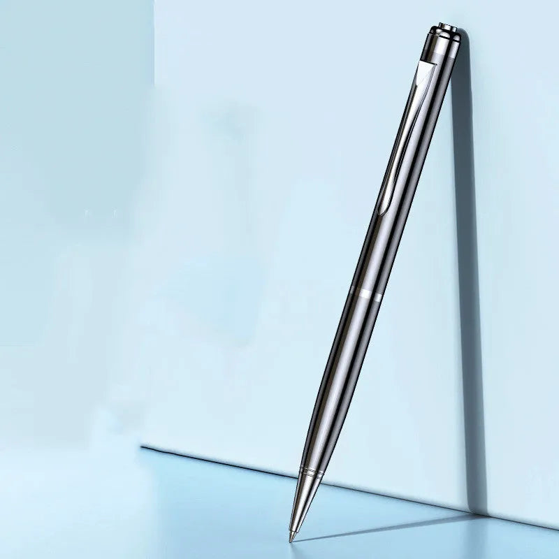Black pen shaped digital voice recorder with zinc alloy body shown next to included USB cable.